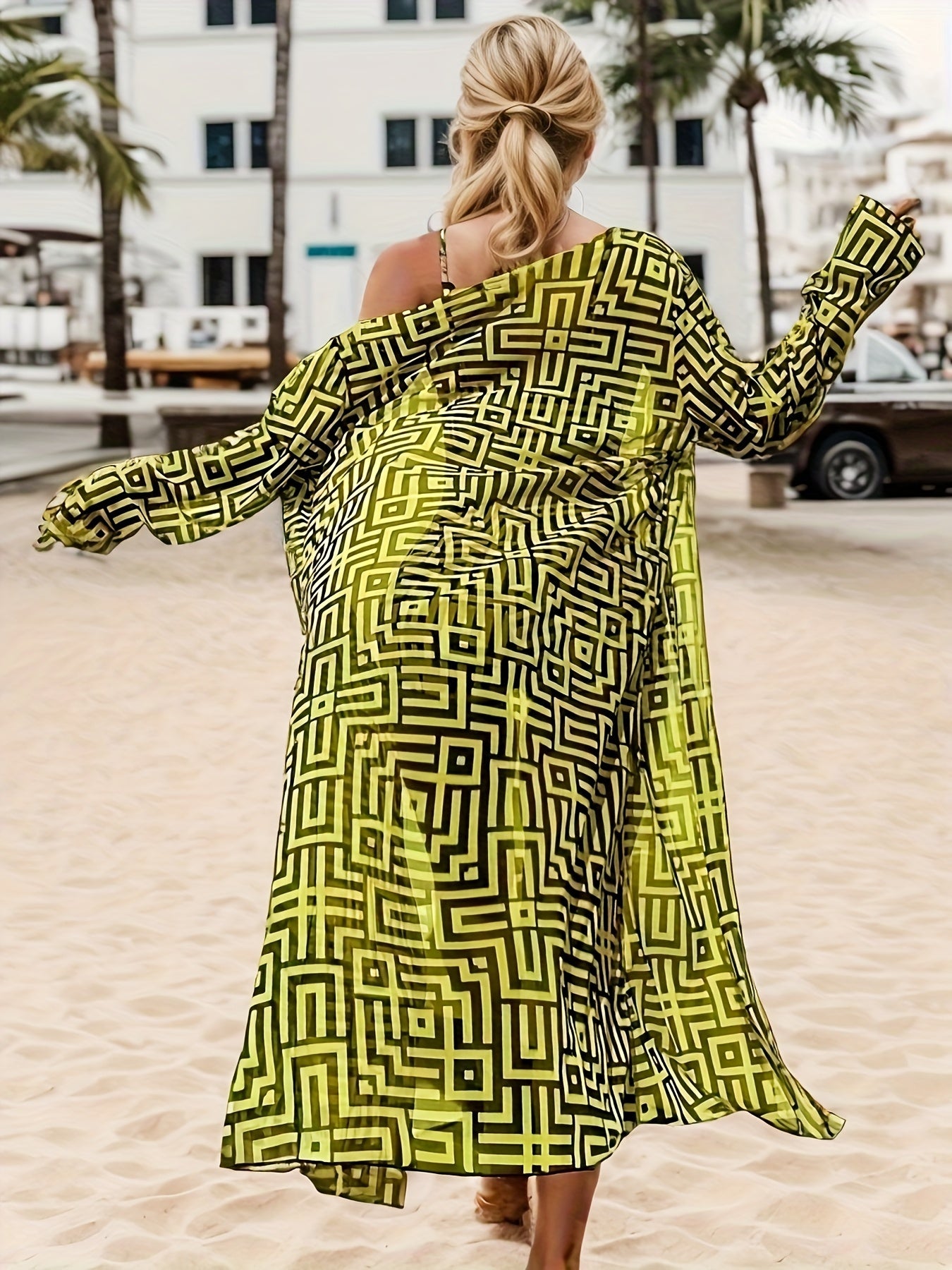 Women's Tankini Set with Geometric Print Off-Shoulder Top High-Waisted Bottoms and Cover-Up Kimono in Yellow and Black