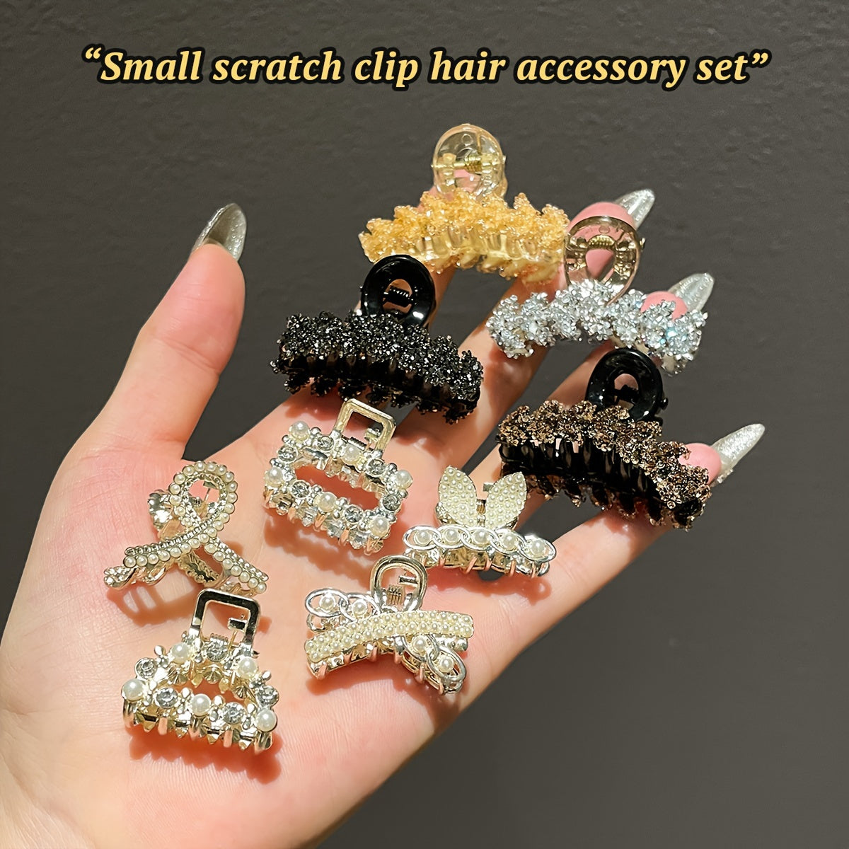 9pcs Women's Elegant Solid Color Alloy Hair Clips Small Rhinestone Accessories