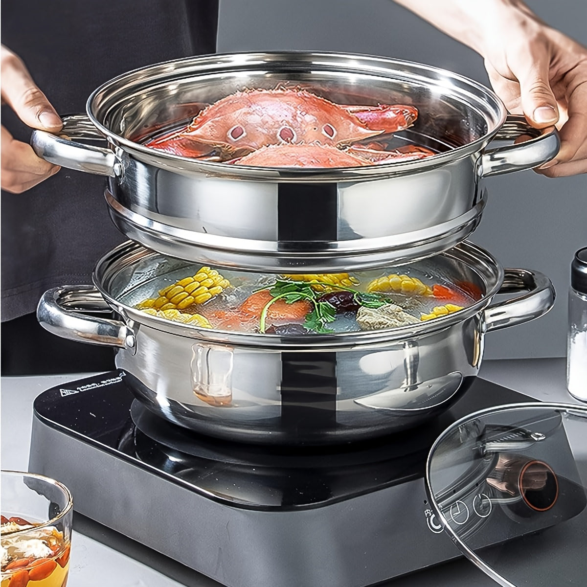 Stainless Steel 2-Tier Steamer Set with Glass Lid for Food and Vegetables Kitchen Cookware