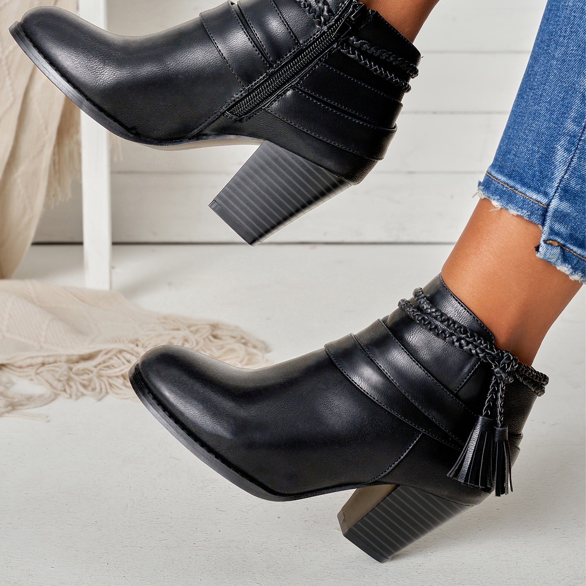 Women's Black Ankle Boots With Tassel Decor Chunky Heel Cold Weather