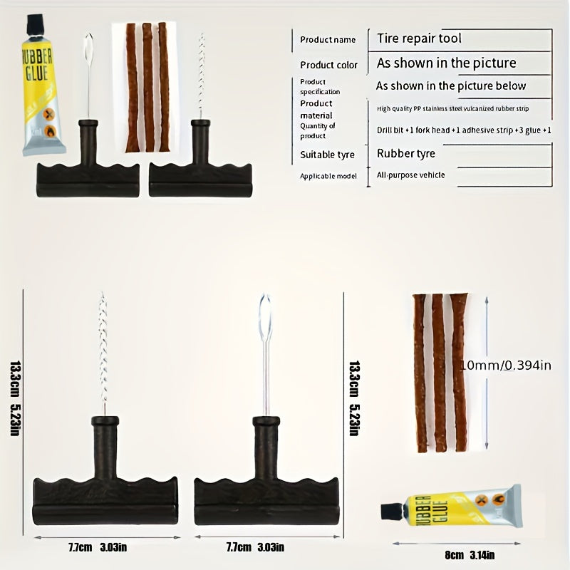 Universal Tire Repair Kit for Cars and Motorcycles with Rubber Strips and Glue