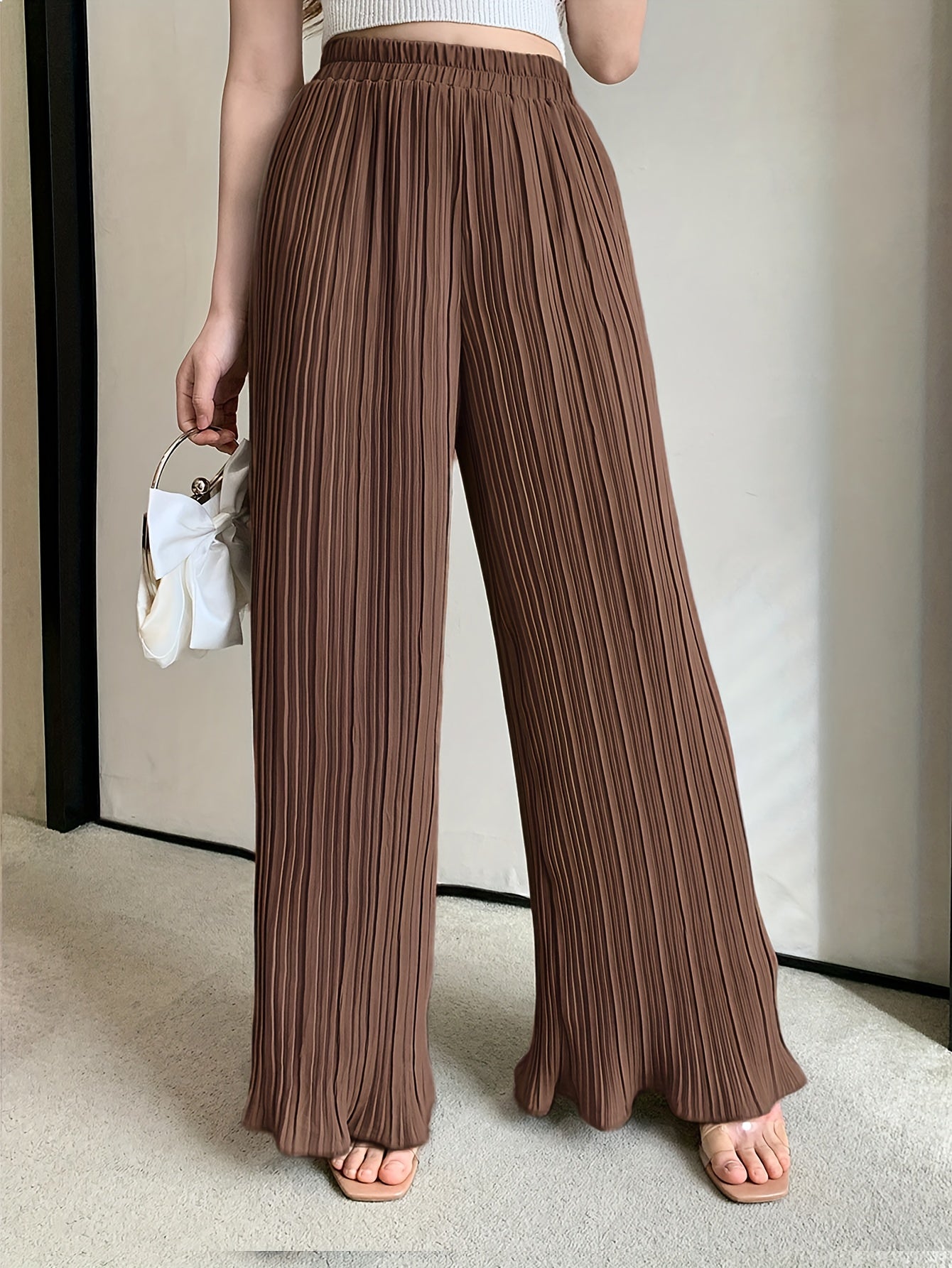 Women's Plus Size Wide-Leg High-Waisted Pants Elastic Waist Pleated