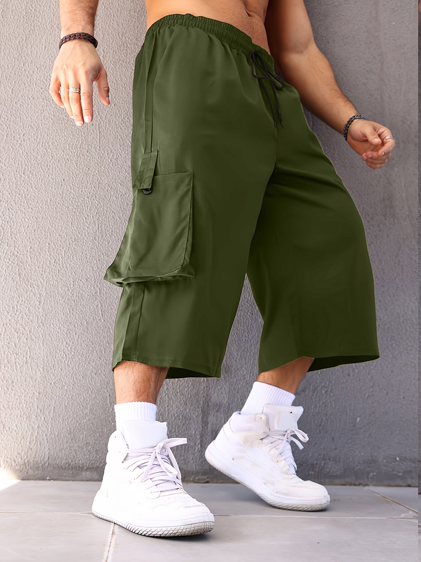 Plus Size Men Cargo Pants Solid Color Casual Loose Fit Drawstring Waist