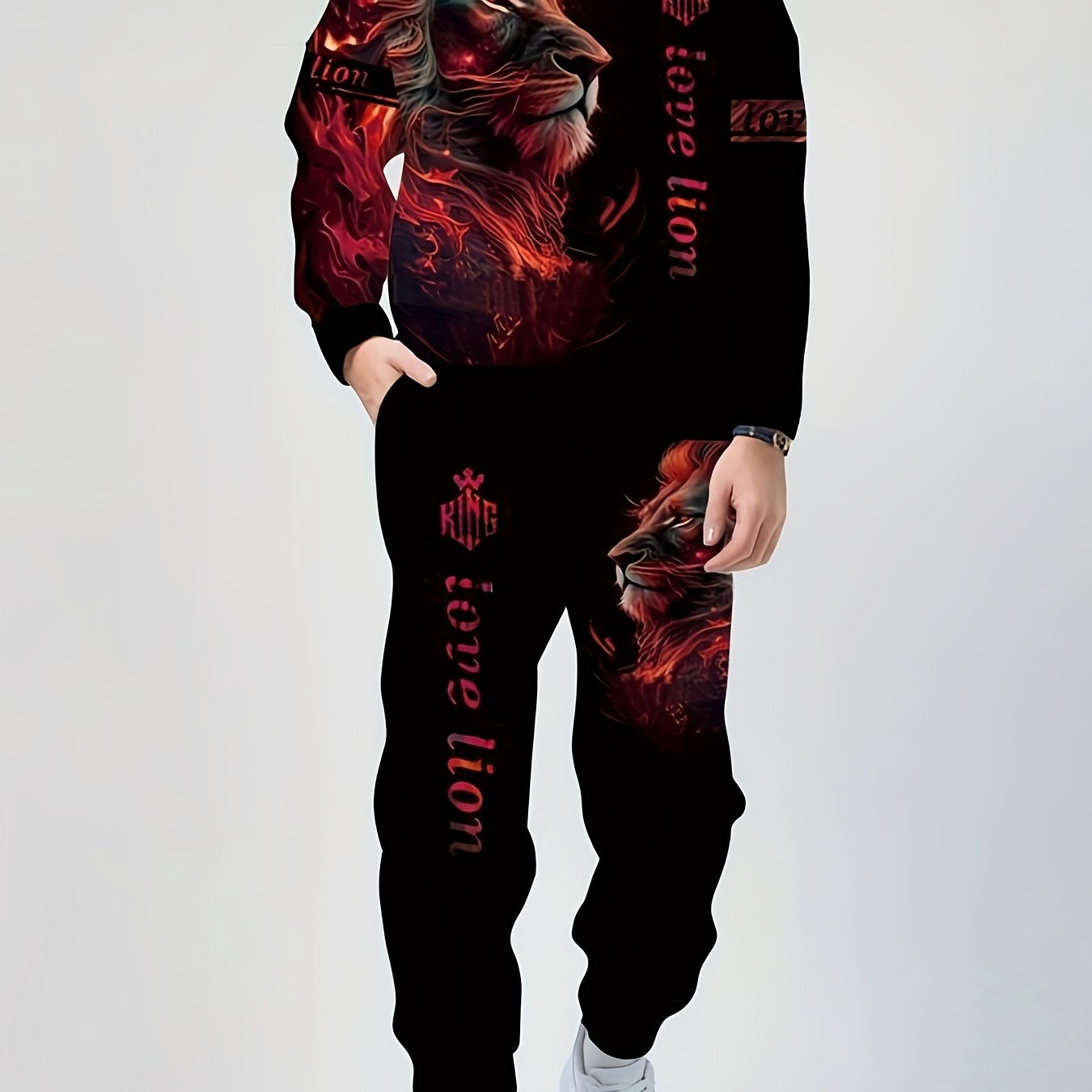 Plus Size Men's Hoodie and Sweatpants Set with Glow Lion Print for Fall Winter