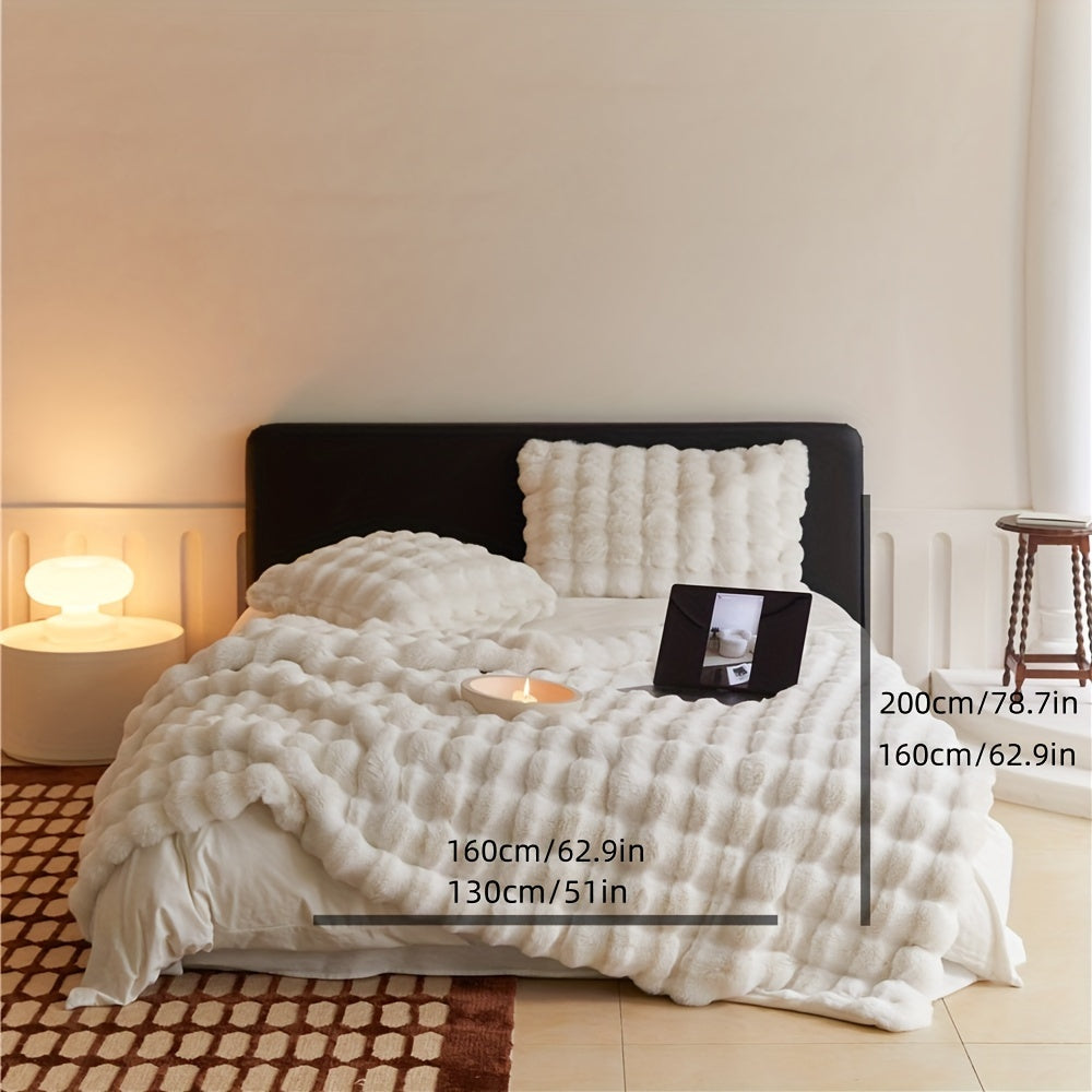 Plush Reversible Bubble Fleece Throw Blanket for Sofa Bed Travel White