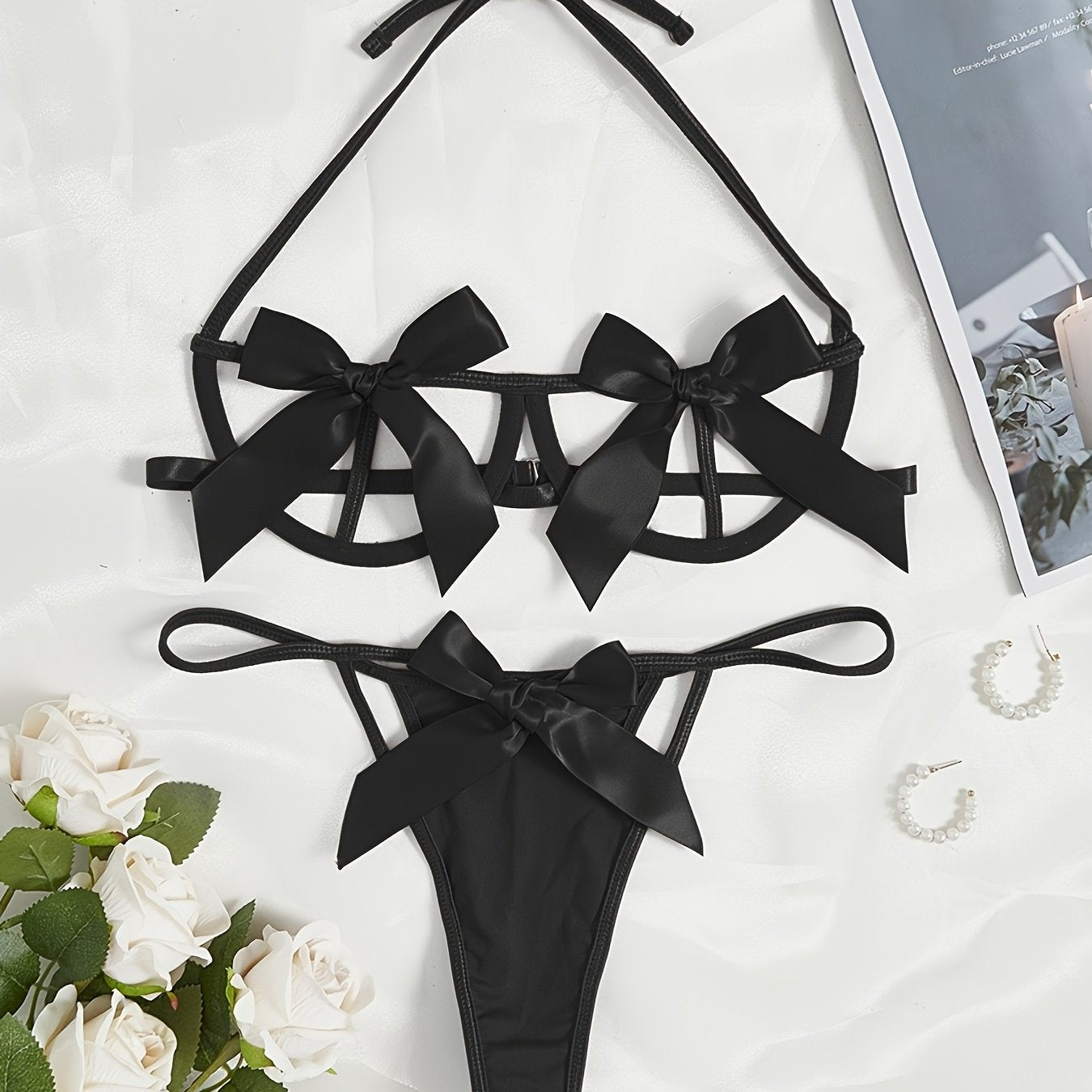 Women's Lace Lingerie Set with Bow, Soft Material, Comfortable Fit