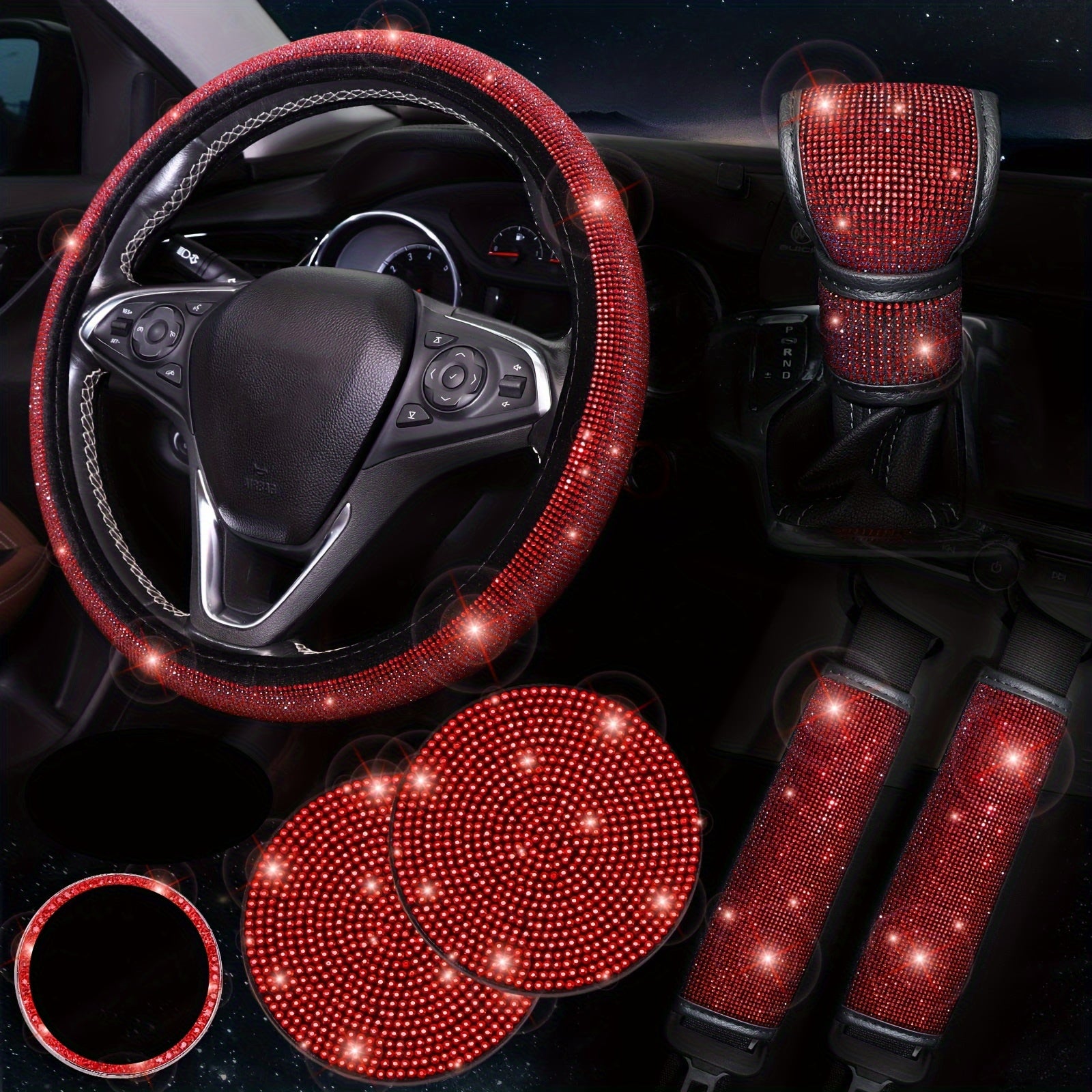 Bling Car Interior Accessory Set 7-Piece Diamond Steering Wheel Cover Rhinestone Seat Belt Coasters