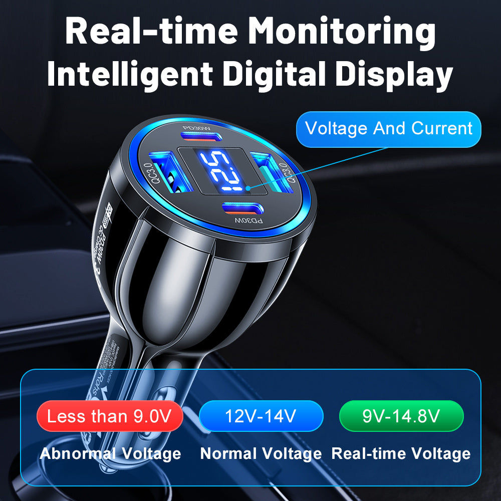 60W Car Charger with Digital Display USB QC3.0 and Type-C PD30W Fast Charging