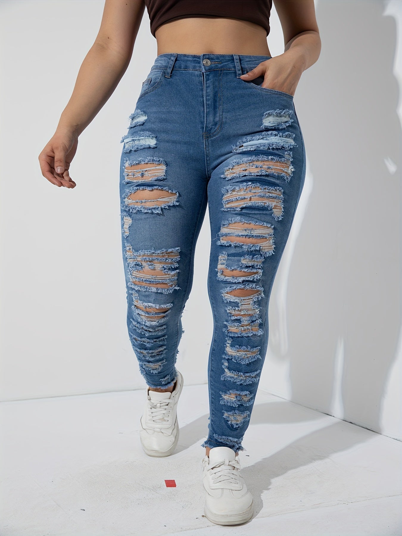 Plus Size Women's Ripped Skinny Jeans High Stretch Casual Denim