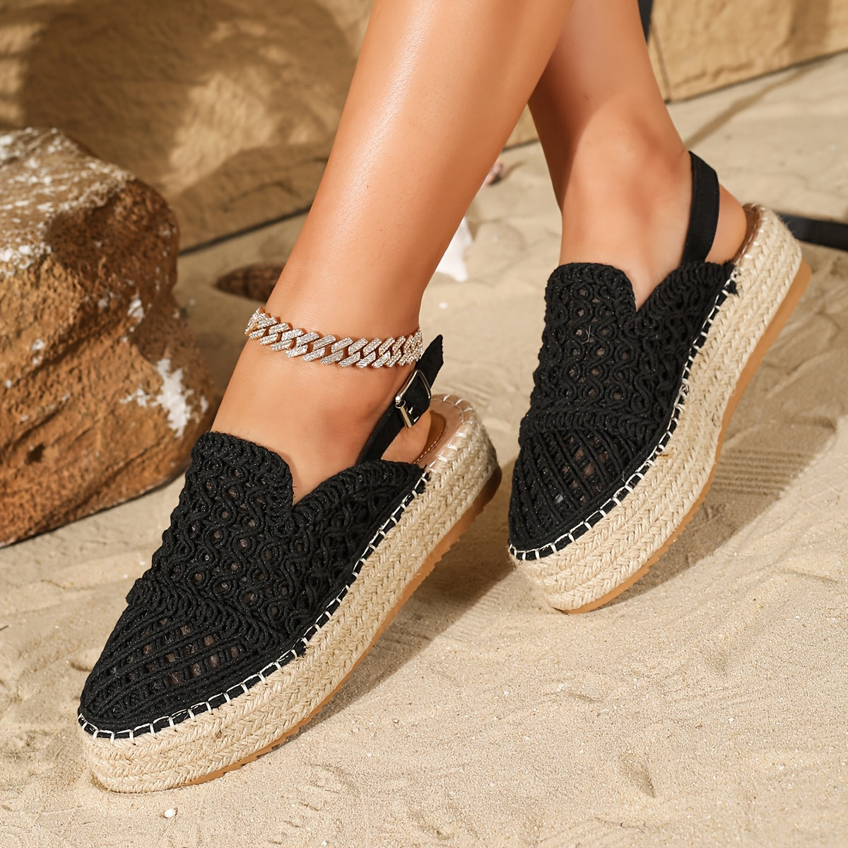 Women's Black Woven Fabric Beach Sandals with Ankle Bracelet and Non-Slip Sole