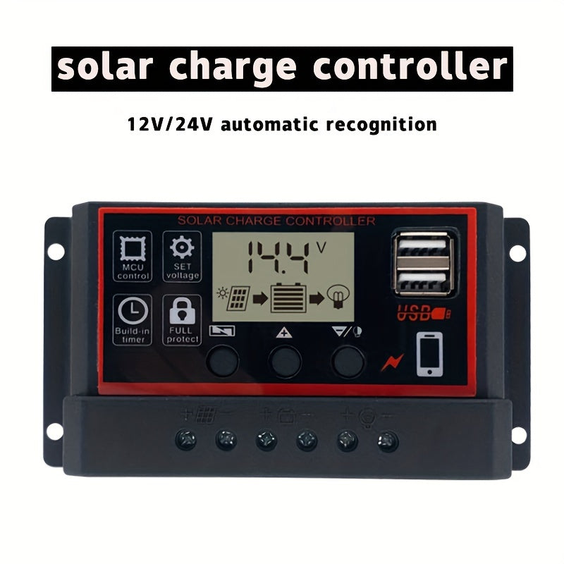 Solar Charge Controller LCD Display Dual USB Adjustable Timer Multi-Protection