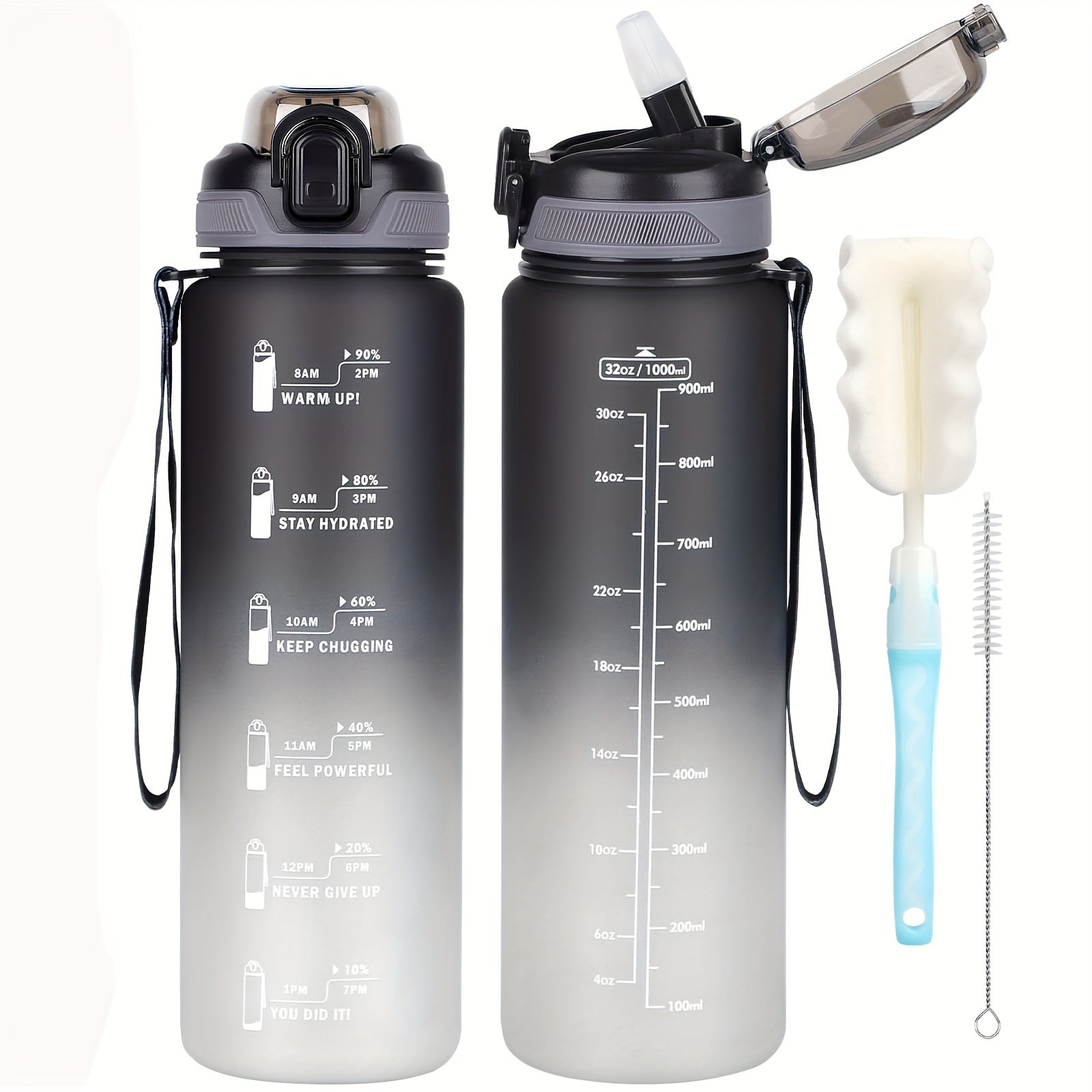 1L BPA-Free Sports Water Bottle with Straw and Time Marker