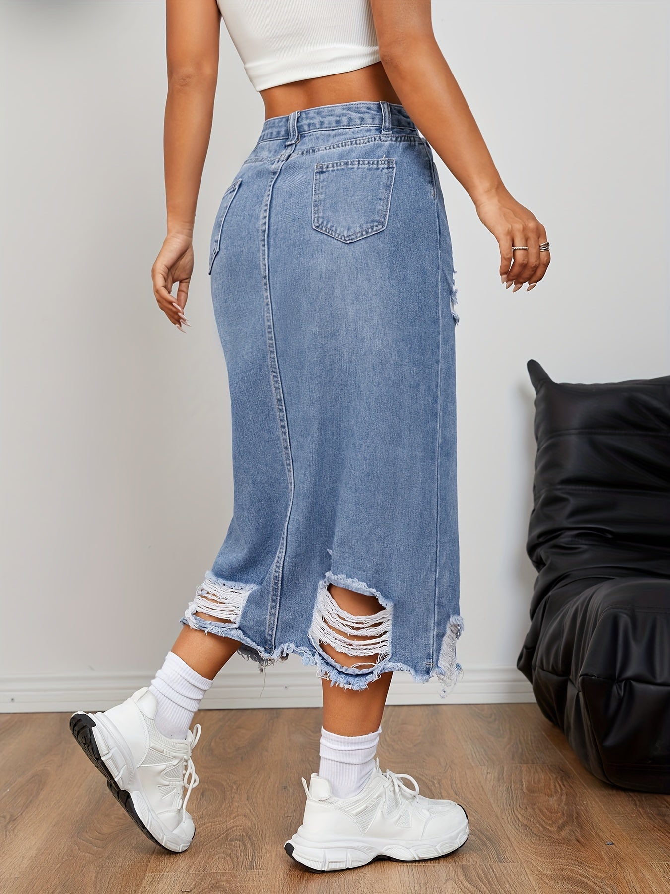 Women's Denim Skirt Casual Distressed Midi with Raw Hem and Slit