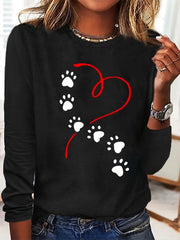 Plus Size Women's Cotton Long Sleeve T-Shirt with Heart and Paw Print