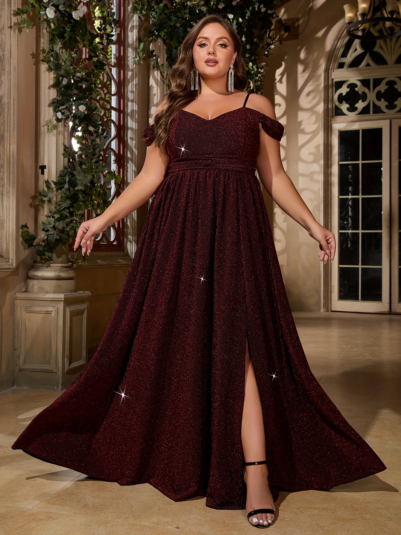Plus Size Off-Shoulder Glittery Maroon Bridesmaid Dress Long Gown