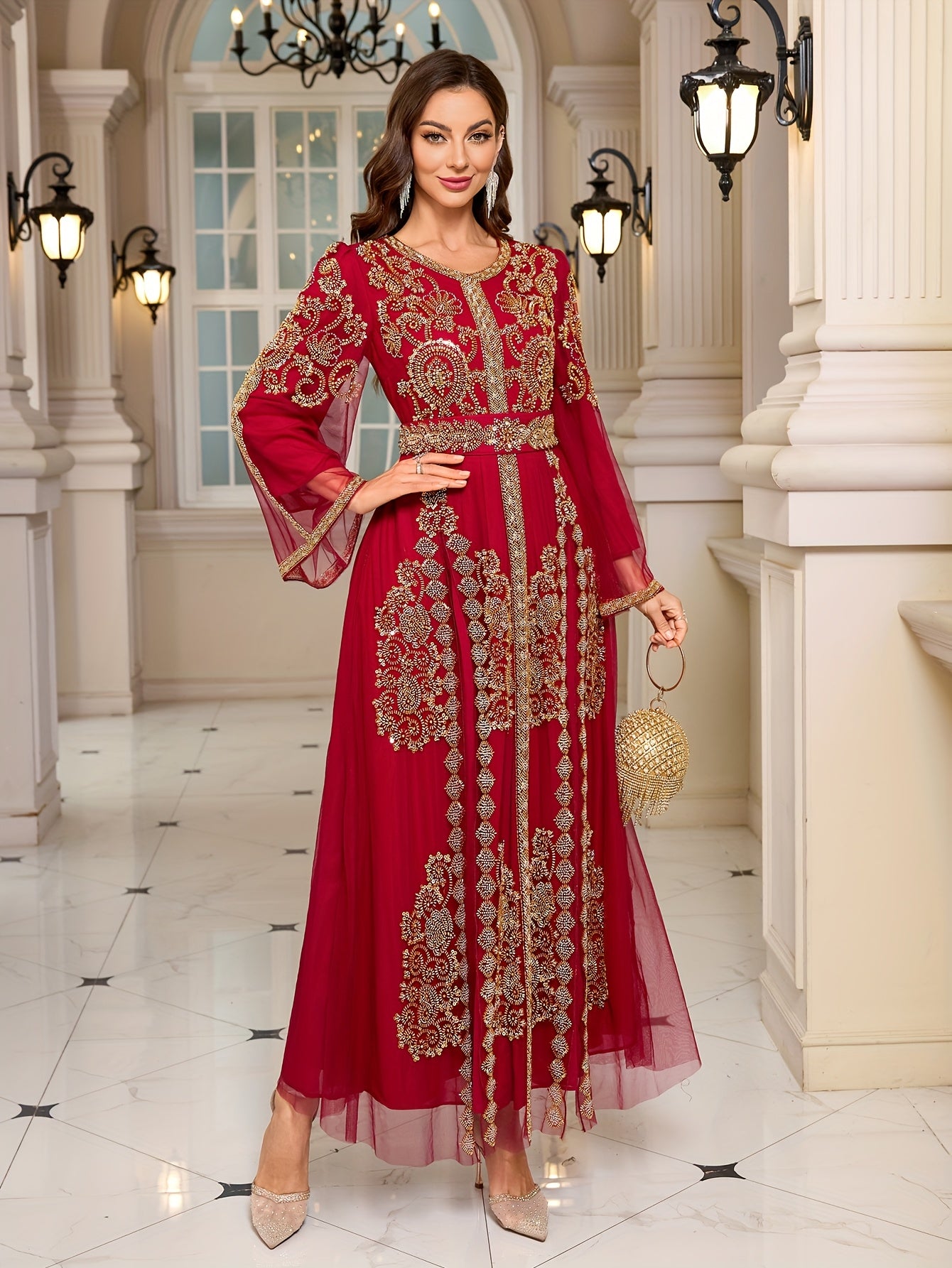 Women's Embroidered Beaded Gown Long Sleeve Formal Dress for Weddings