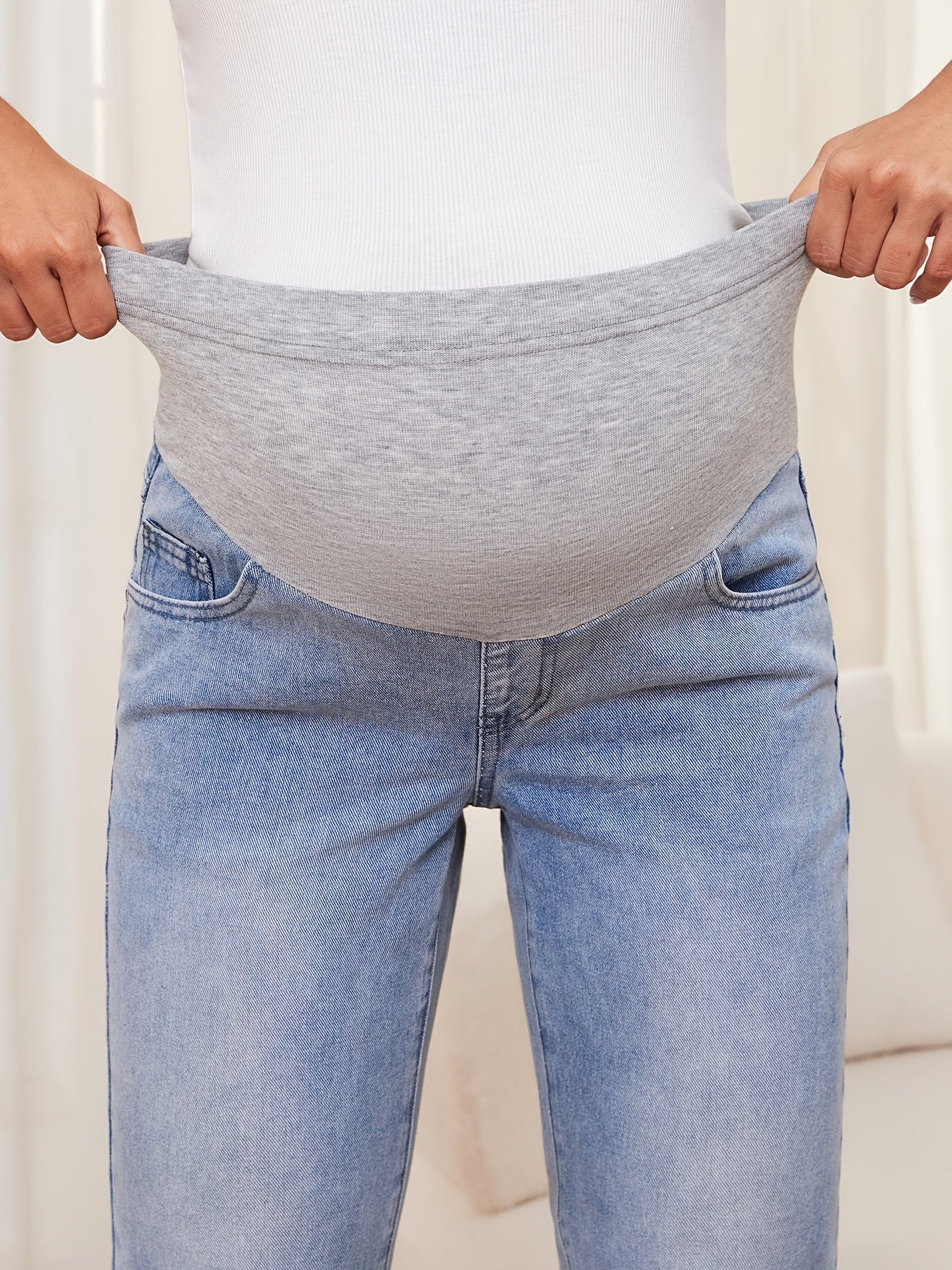 Maternity Denim Pants for Pregnant Women Solid Wash Non-Stretch Tapered Carrot Style