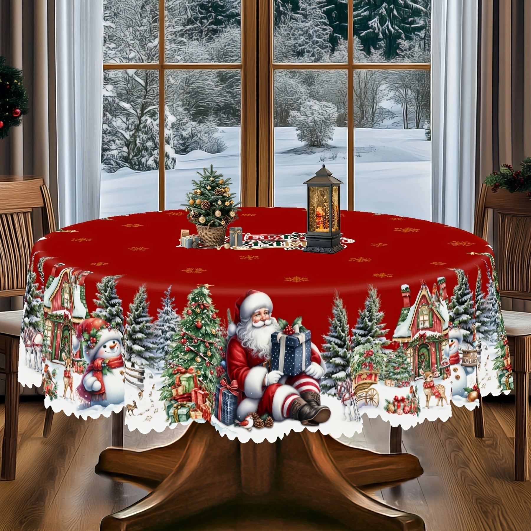 Christmas Tablecloth with Santa Snowman and Tree Patterns Polyester for Round and Rectangular Tables