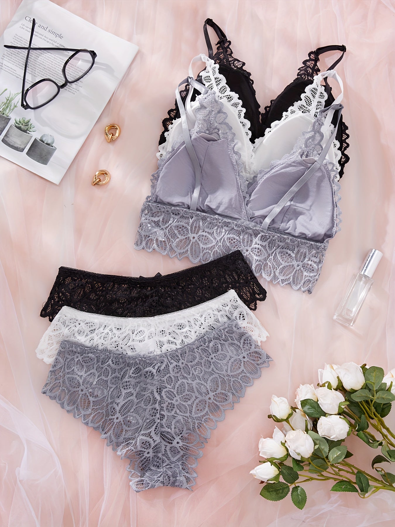 Women's Lace Lingerie Set with Wireless Bra, Panties, Removable Pads, Nylon Blend, 6-Piece