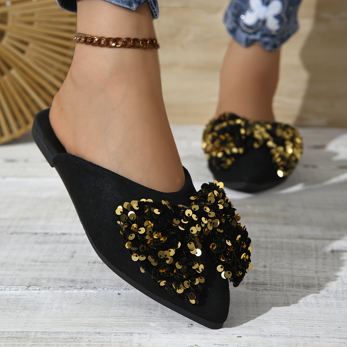 Zapatos planos de punta con lazo para mujer con parte superior de tela y suela de goma