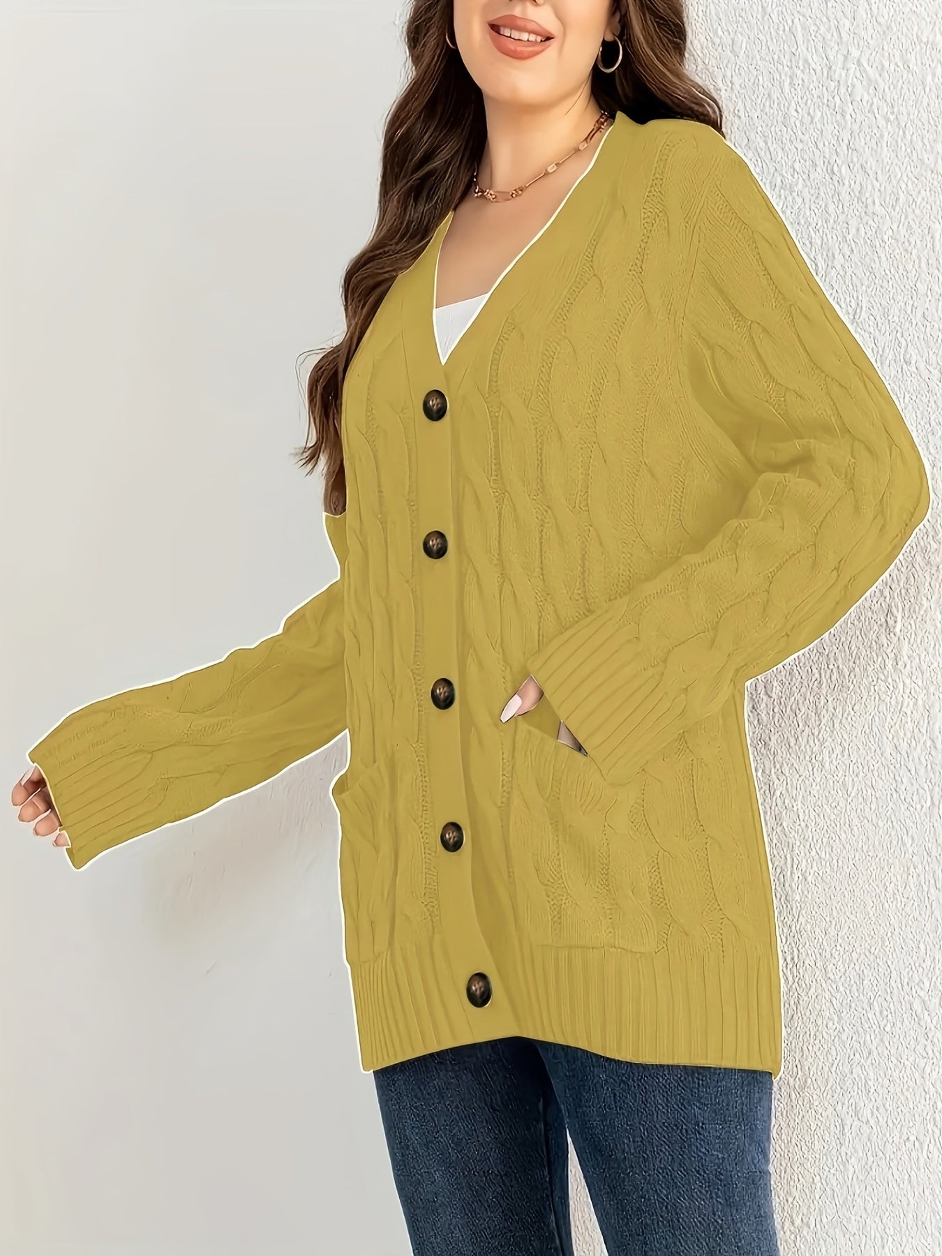 Plus Size Women's Solid Color Cable Knit Open Front Long Sleeve Cardigan