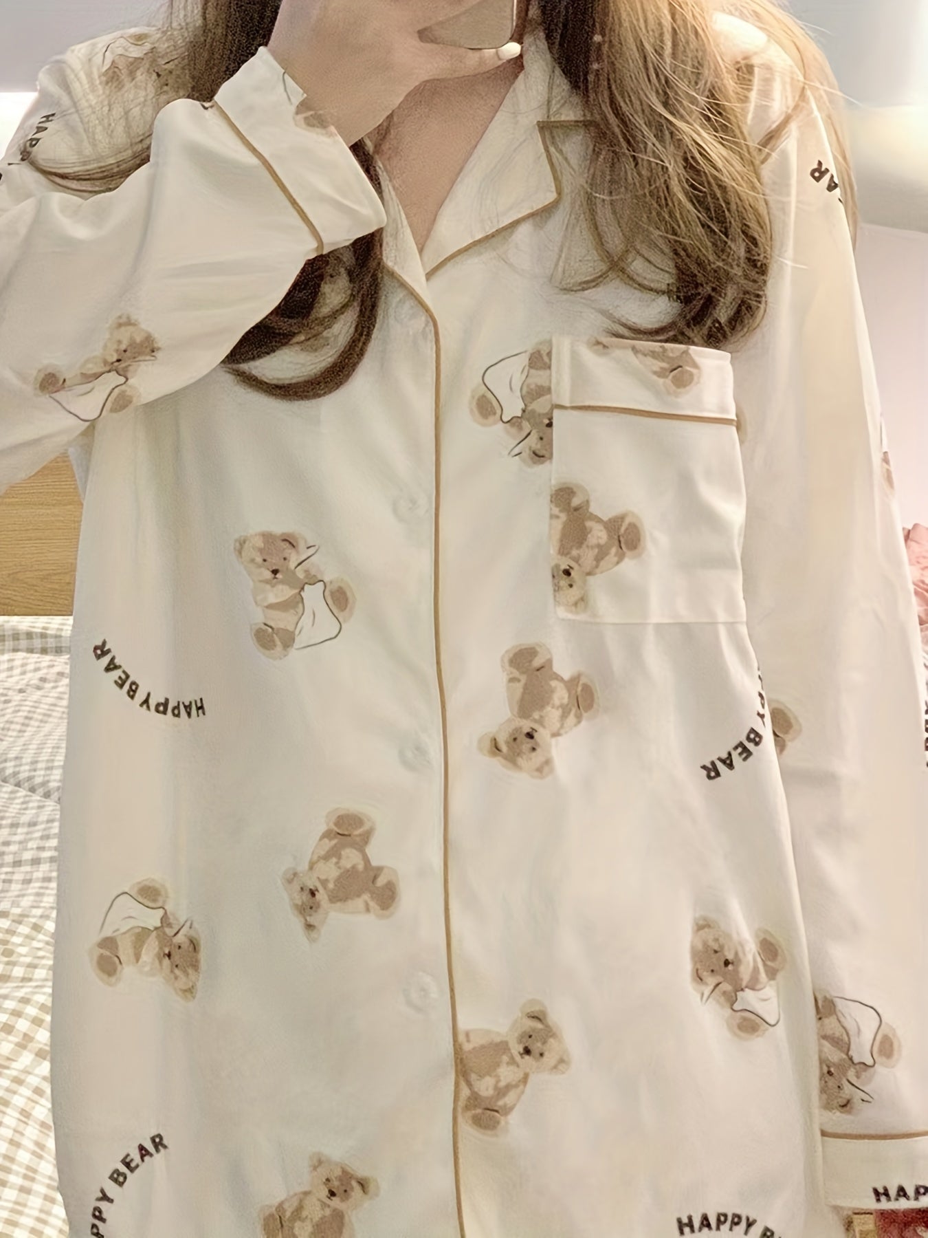 Women's Cartoon Bear Print Pajama Set Long Sleeve Blouse and Elastic Waist Pants