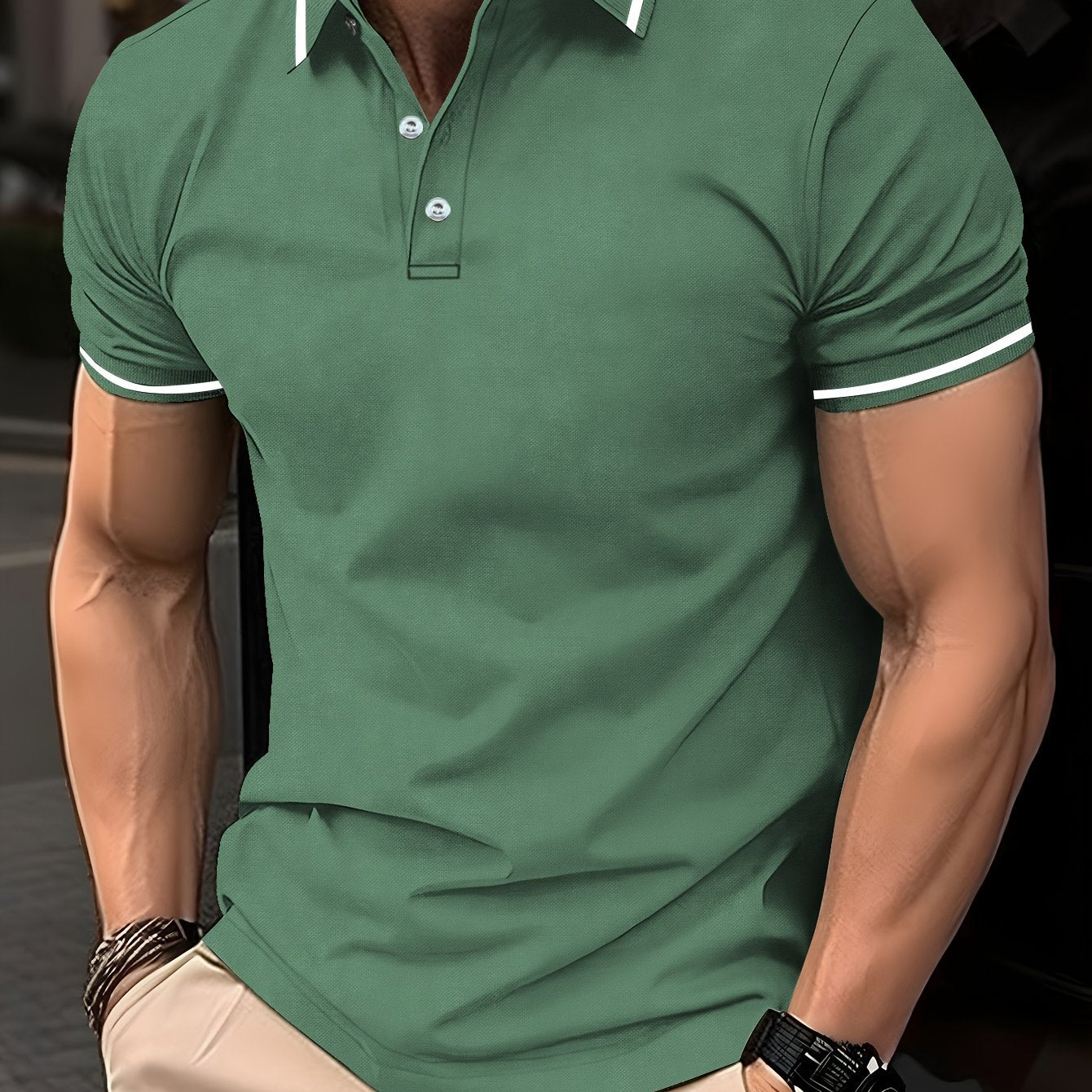 Erkaklar uchun chiziqli golf koftasi, yozgi ochiq havoda tasodifiy kiyim uchun qisqa yengli kofta.