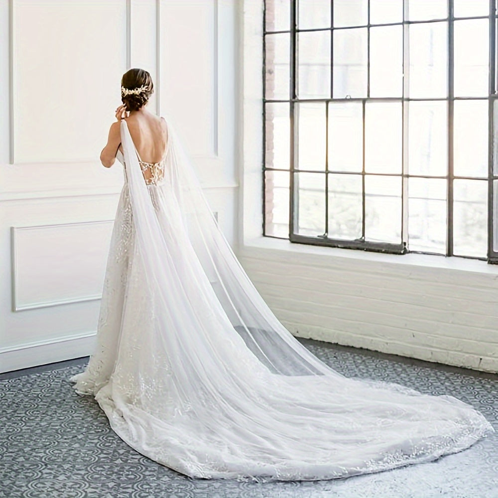 Bridal Wedding Veil Cape Tulle Shawl with Floral Lace Long Sheer Bridal Accessory