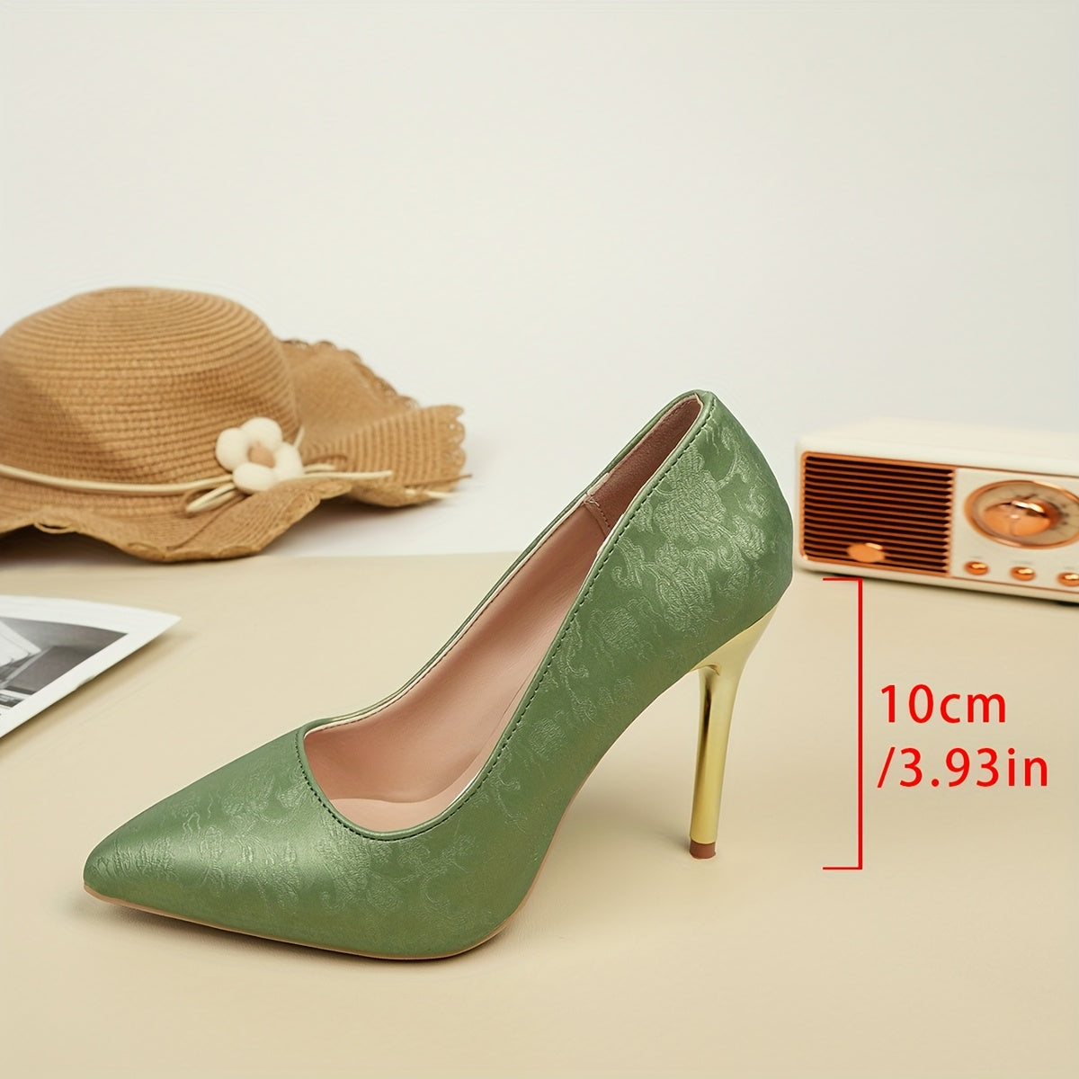 Women's Black Floral Embossed Pointed Toe High Heels with Gold Accents