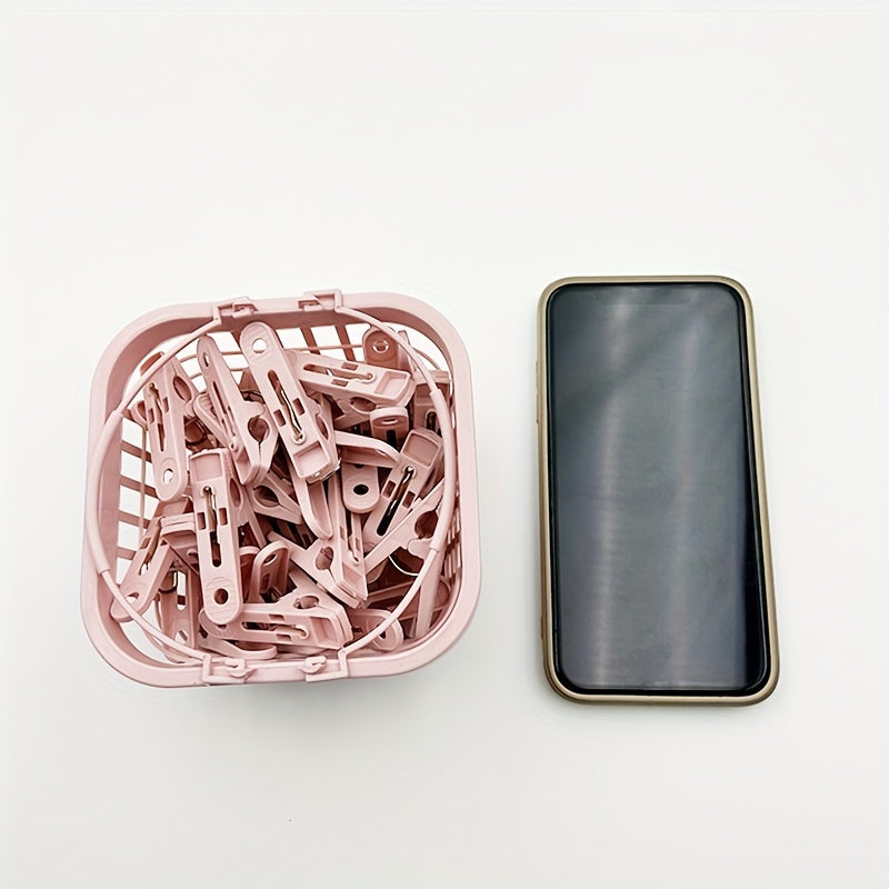 Juego de 30 pinzas de ropa de plástico con cesta, clips de secado, a prueba de viento, pequeños pinchos