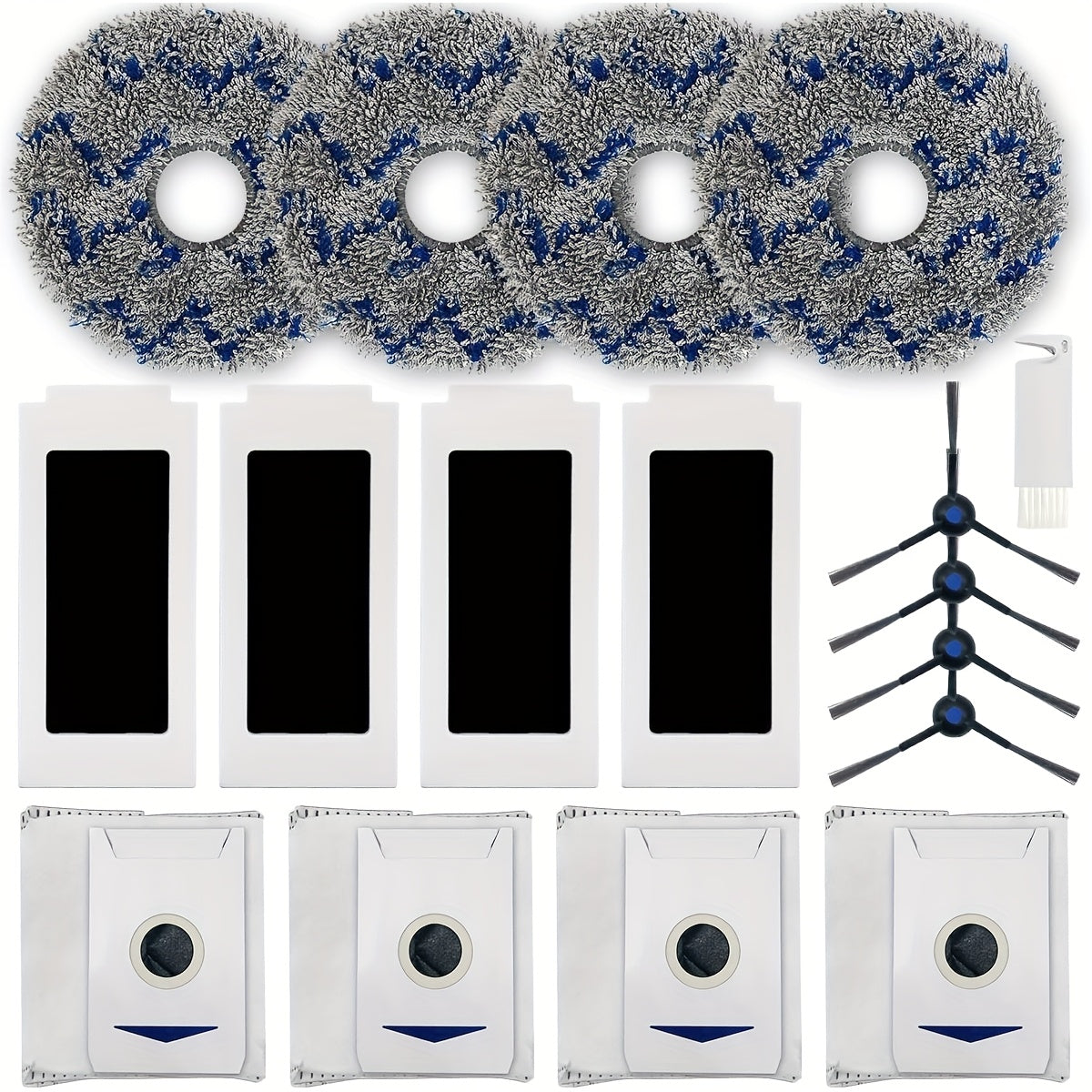 ECOVACS DEEBOT T30 Omni/DEEBOT T30 PRO Omni robot tozalagichi uchun zaxira qismlar to'plami 4 ta HEPA filtr, 4 ta mopa pad, 4 ta yon cho'tka va 4 ta chang sumkasi (jami 16 dona) ni o'z ichiga oladi.