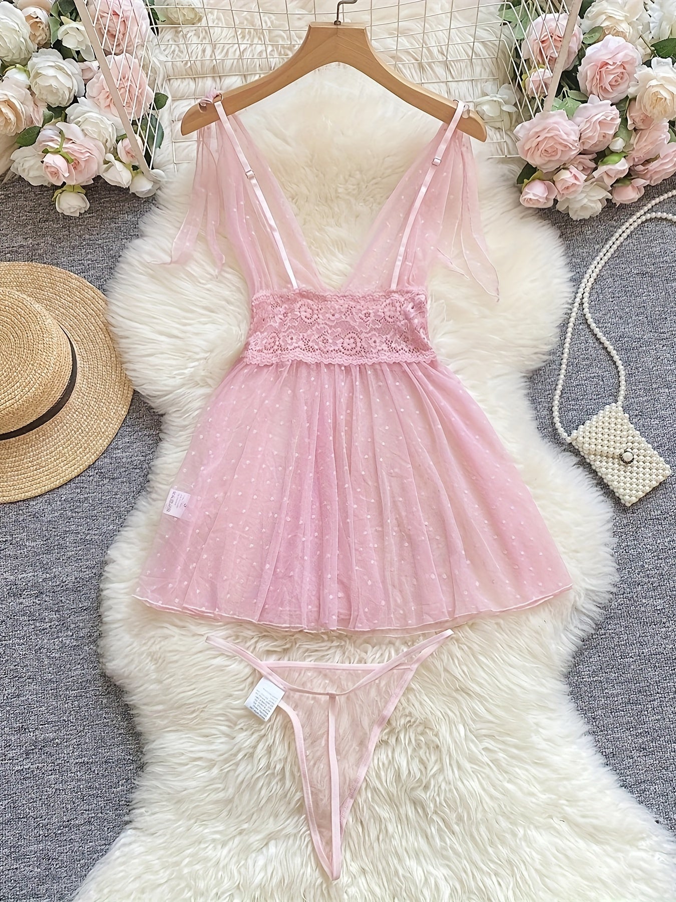 Polka Dot Mesh Dress with V-Neck Ruffle Trim Backless Thong