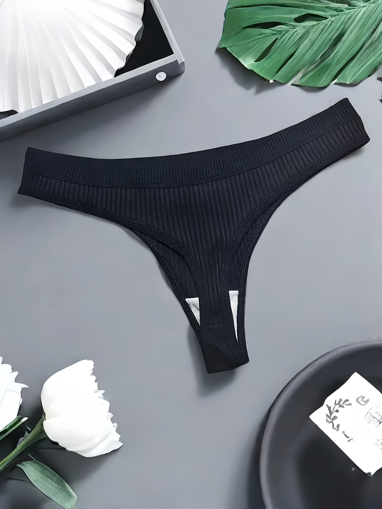 Women's Black Semi-Sheer Ribbed Thong Panties with Side Stripe and Low Rise