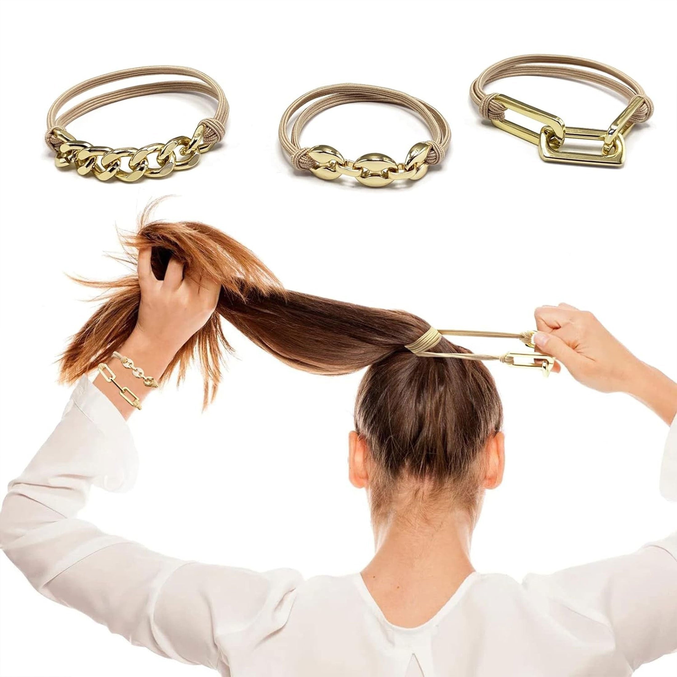 Set of 3 Gold Hair Ties Elastic Ponytail Holders for Women and Girls