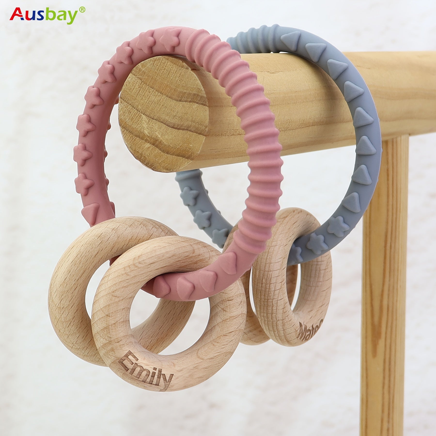 Personalized Silicone Wooden Baby Rattle Ring Keepsake with Cute Wood Rings