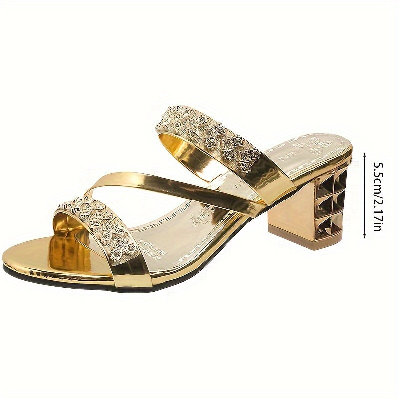 Women's Rhinestone Sandals with Block Heel and Glitter Slides for Summer