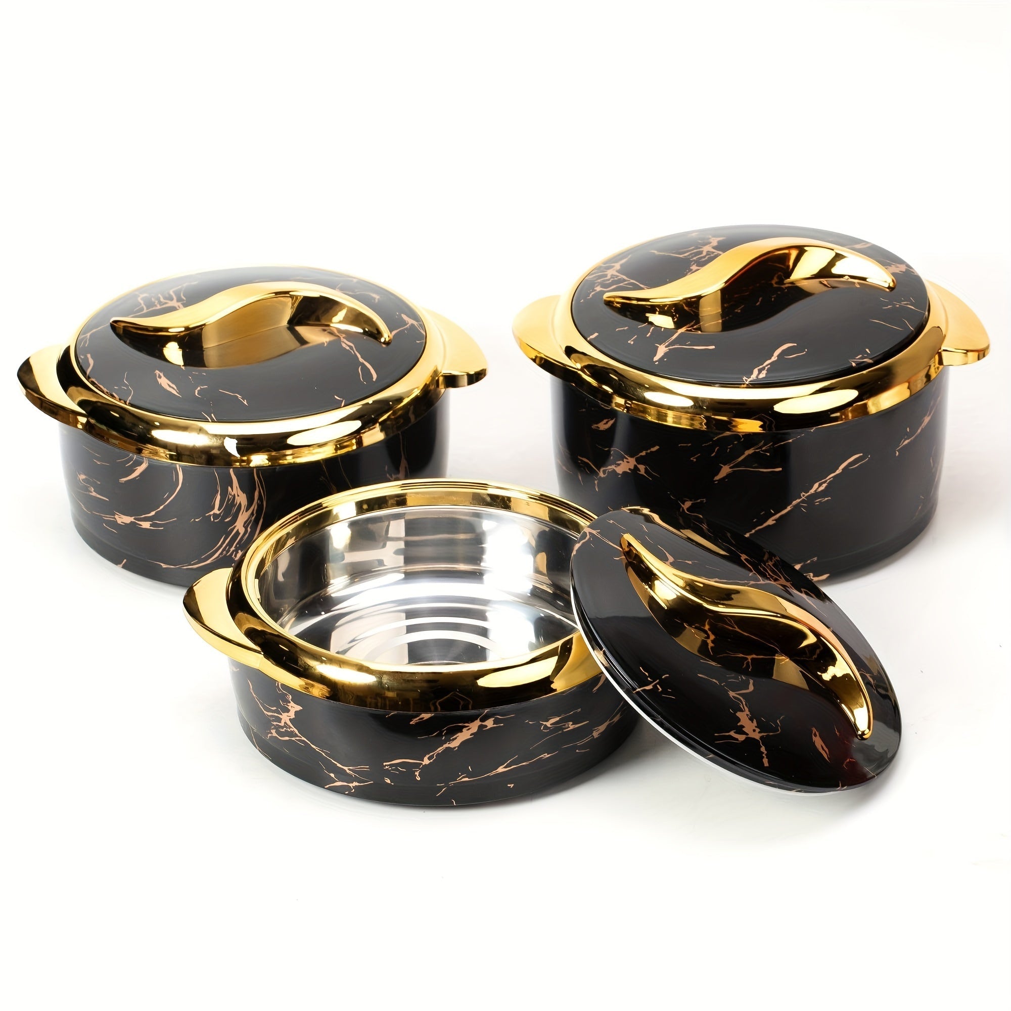 Stainless steel konstruktsiyali va qopqog'li 3 ta termal kaserollardan iborat to'plam - Ovqatni issiq va sovuq saqlash uchun izolyatsiya qiladi, bufetlar yoki ofis stolida xizmat qilish uchun ideal. Taomlarni issiq va yangi saqlash uchun mukammal.