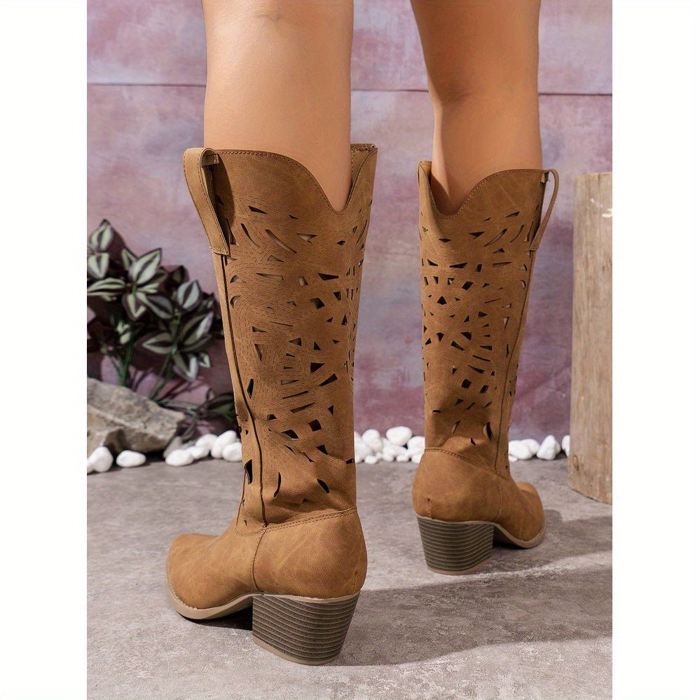 Women Western Cowboy Boots Slip-On Pointed Toe Mid-Heel Embroidered Durable Rubber
