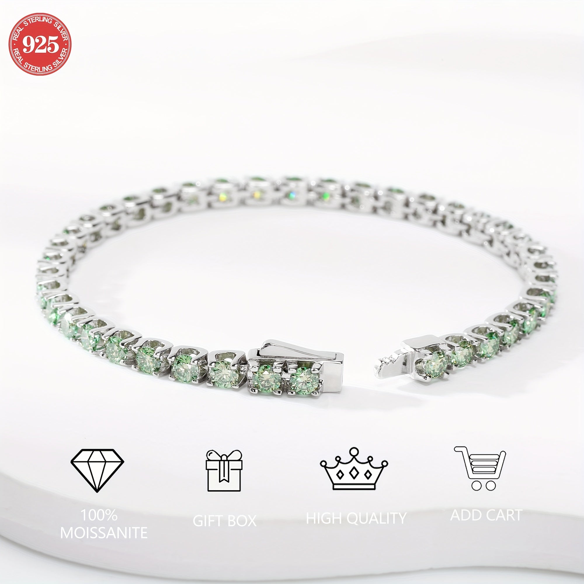 Pulsera de tenis de plata de ley con piedras de moissanita verdes y baño de oro para mujer