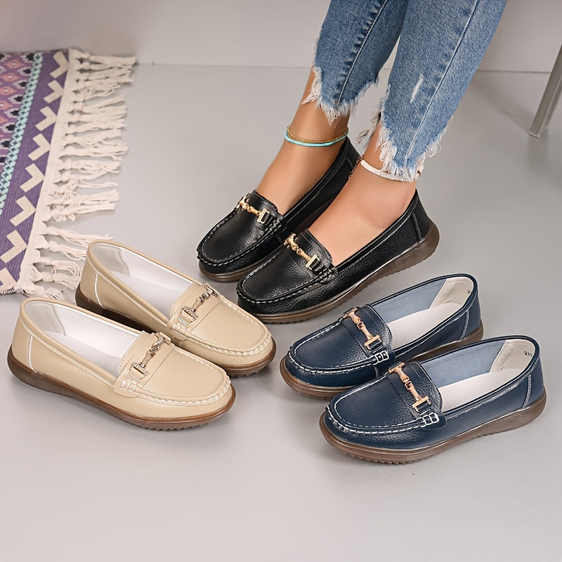 Women's Pu Cover Loafers with Metal Buckle Non-Slip Casual Shoes