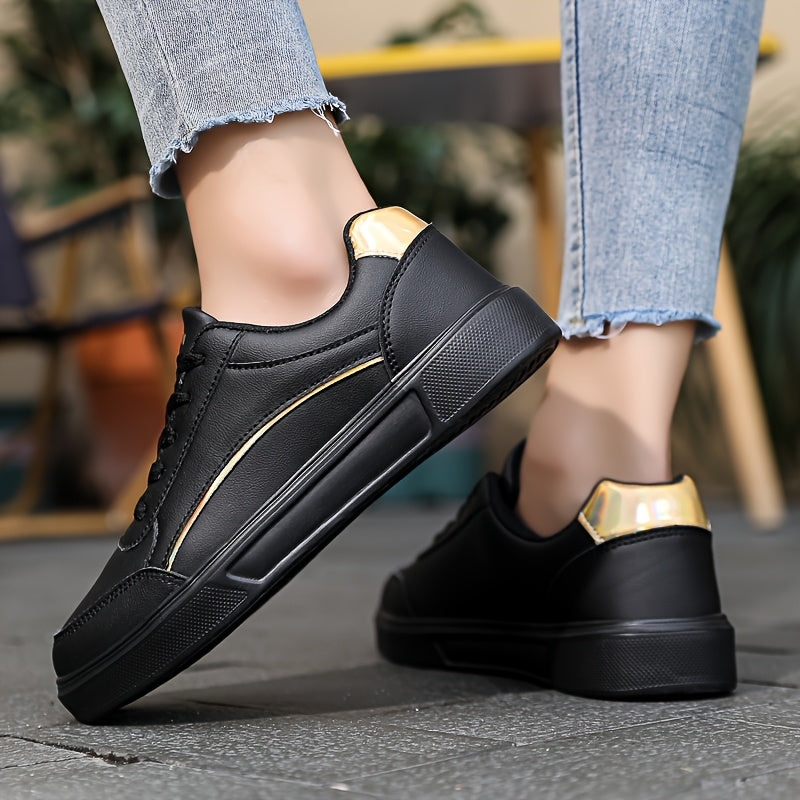 Women’s White Casual Sneakers with Gold Accents Breathable Lightweight Shoes