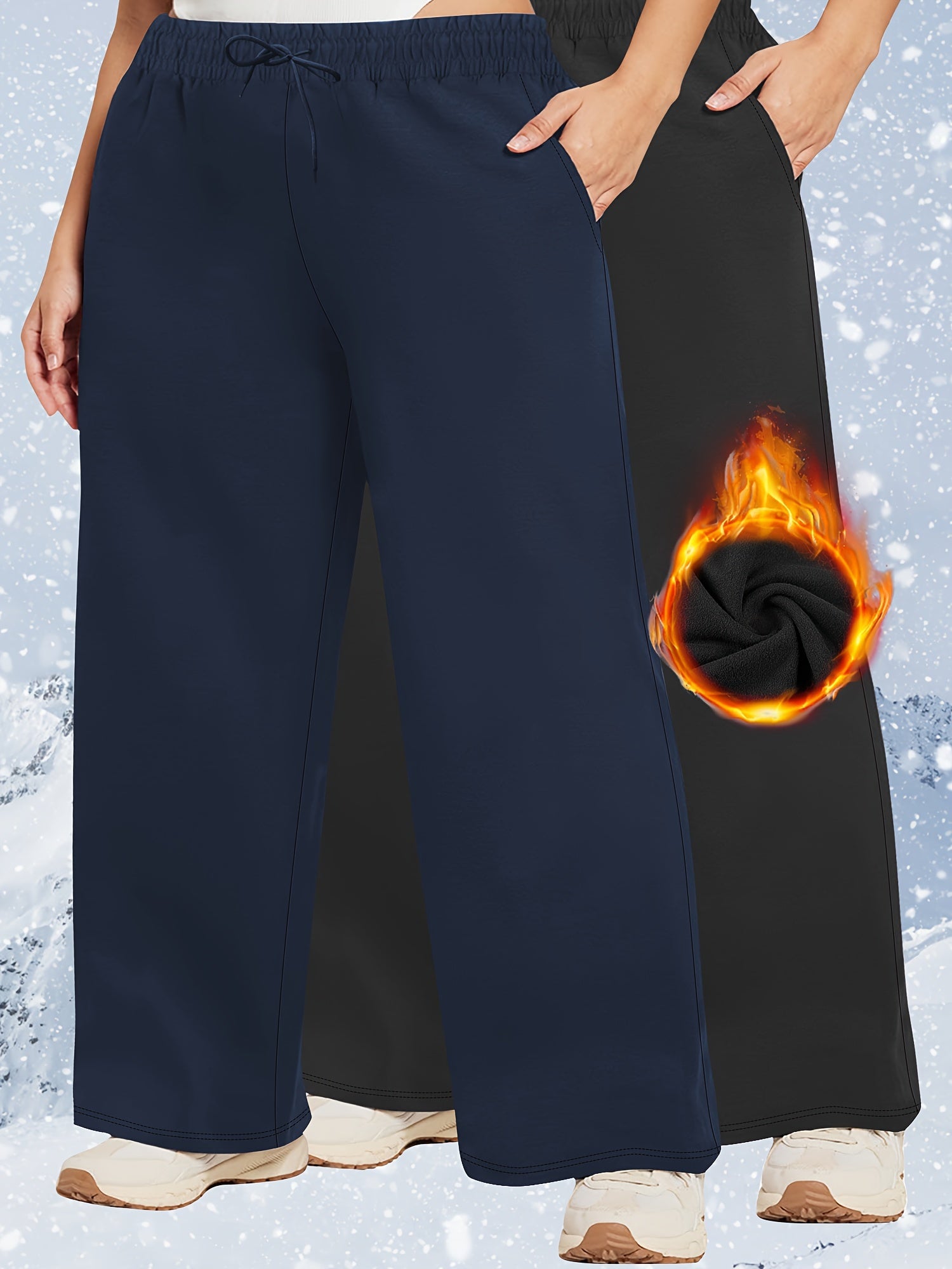 Plus-Size Warm Fleece Wide-Leg Pants Set for Autumn and Winter