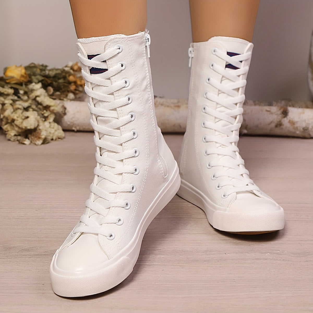 Women's White Casual Sneakers Flat Lace-Up Zipper Comfort Shoes