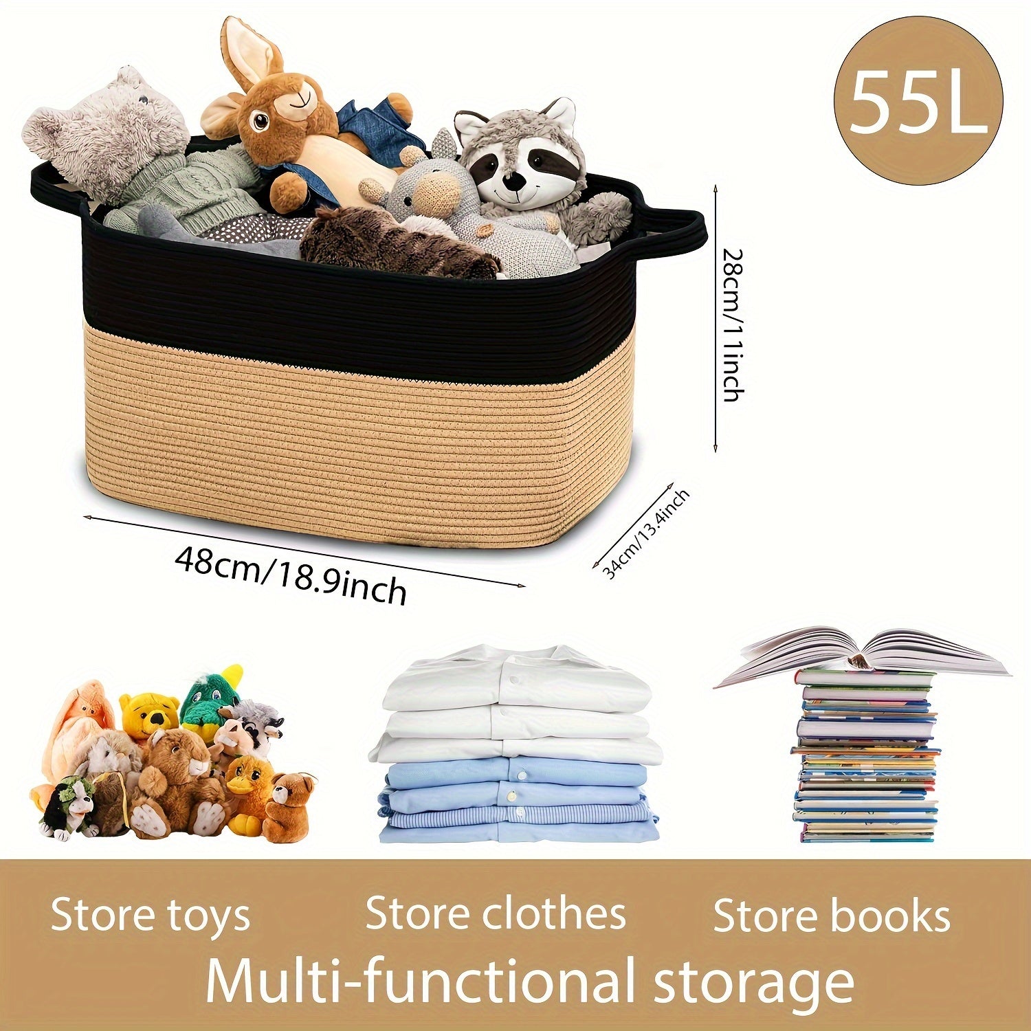 55L Kulrang Arqon To'qilgan Saqlash Savati Qo'llari Bilan - Bolalar uchun ko'p maqsadli o'yinchoq tashkilotchisi, kir, yashash xonasi, bolalar xonasi va yotoqxona - Mustahkam linen aralashmasi, 48.01 sm x 34.04 sm x 11, to'shakka joylashadigan saqlash.