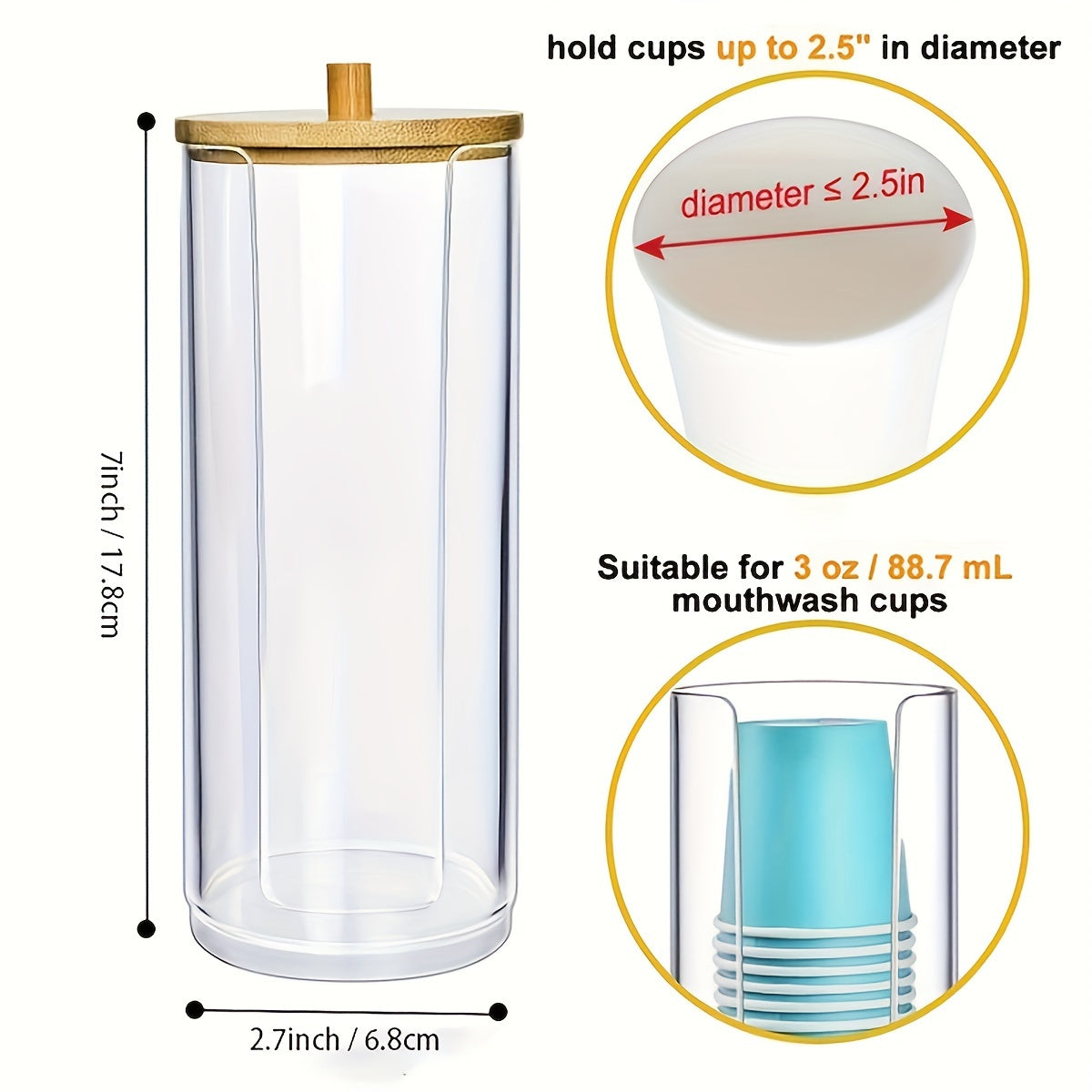 Clear Plastic Bathroom Storage Organizer with Bamboo Lid for Makeup Pads and Cups