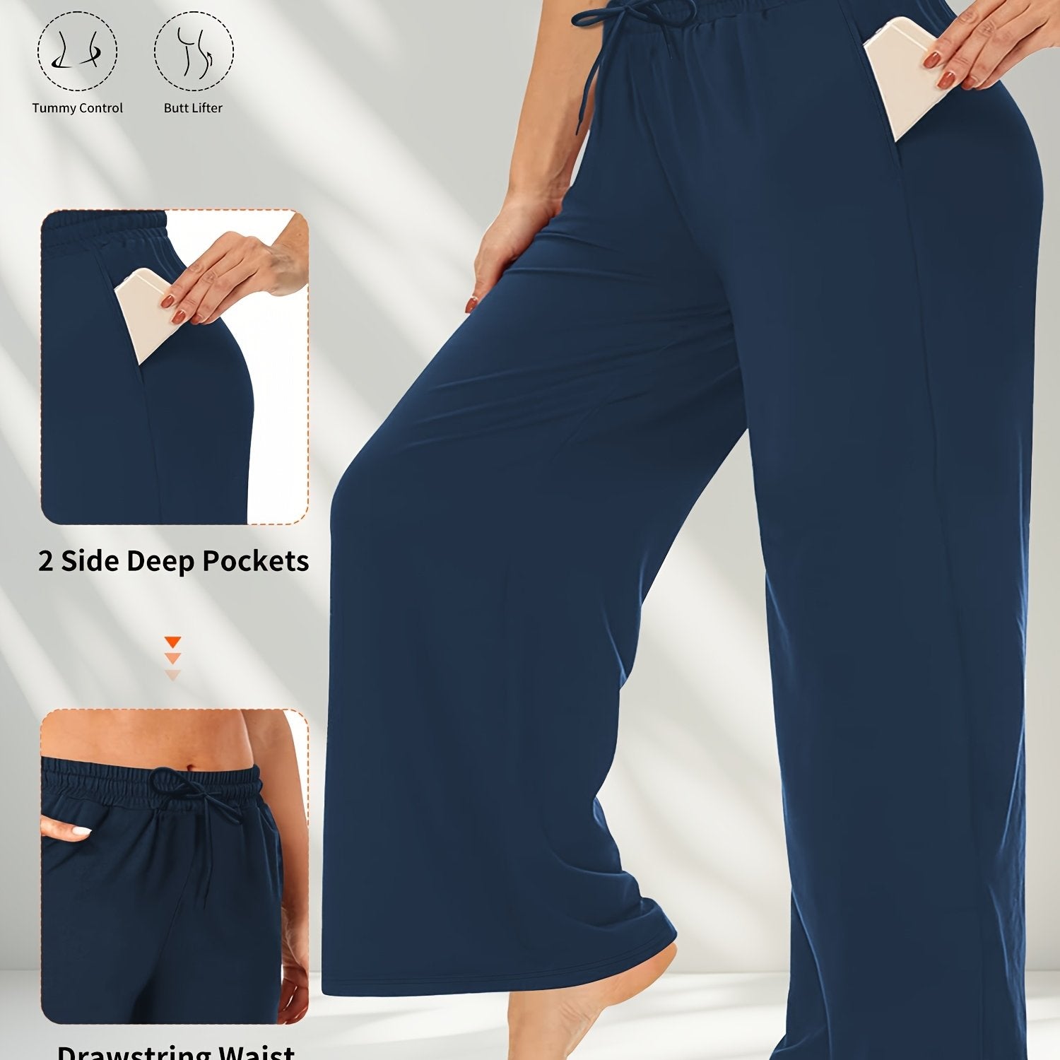 Plus Size Solid Color Pants Casual Drawstring Waist with Pockets Women