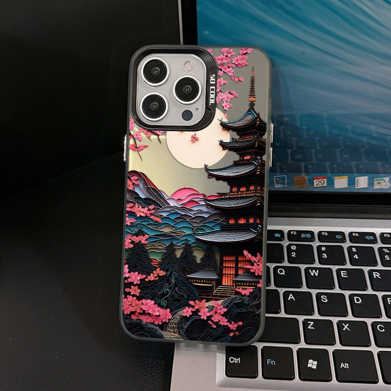 Japanese Ancient House Painting iPhone Case Compatible with iPhone 16 15 14 13 12 11 Pro Max XR X 8 7 Plus Frosted Back Cover Anti-Fall TPU