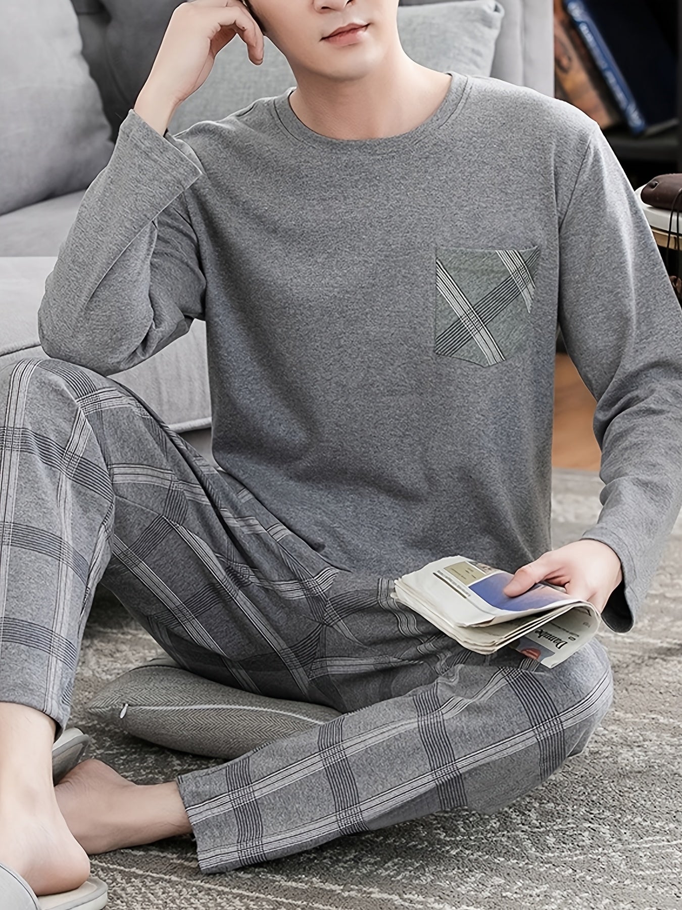 Men's Gray Long Sleeve Pajama Set with Plaid Pants Polyester Machine Washable