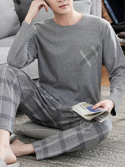 Men's Gray Long Sleeve Pajama Set with Plaid Pants Polyester Machine Washable