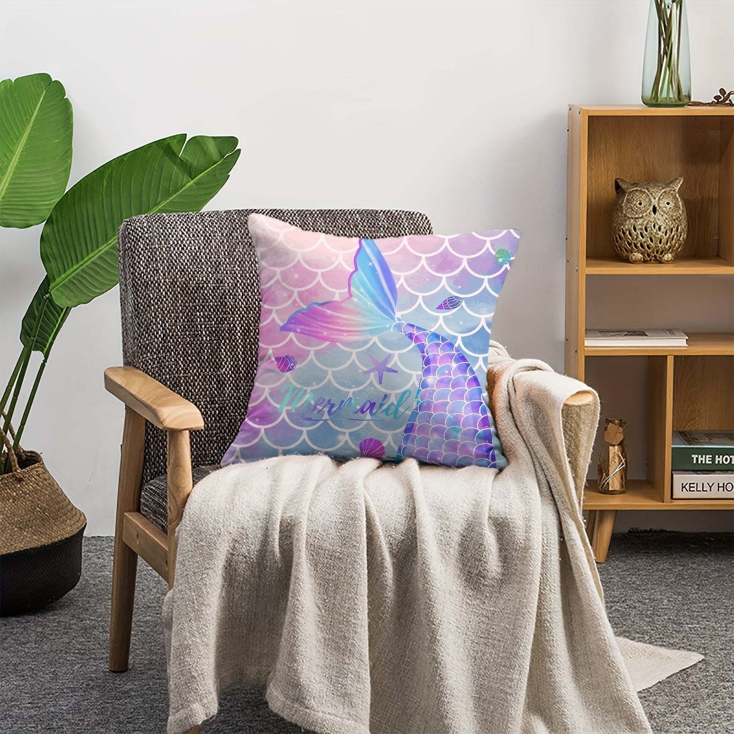 Funda de almohada de cola de sirena de 18x18 pulgadas de poliéster con cremallera para decoración de guardería y habitación de niñas